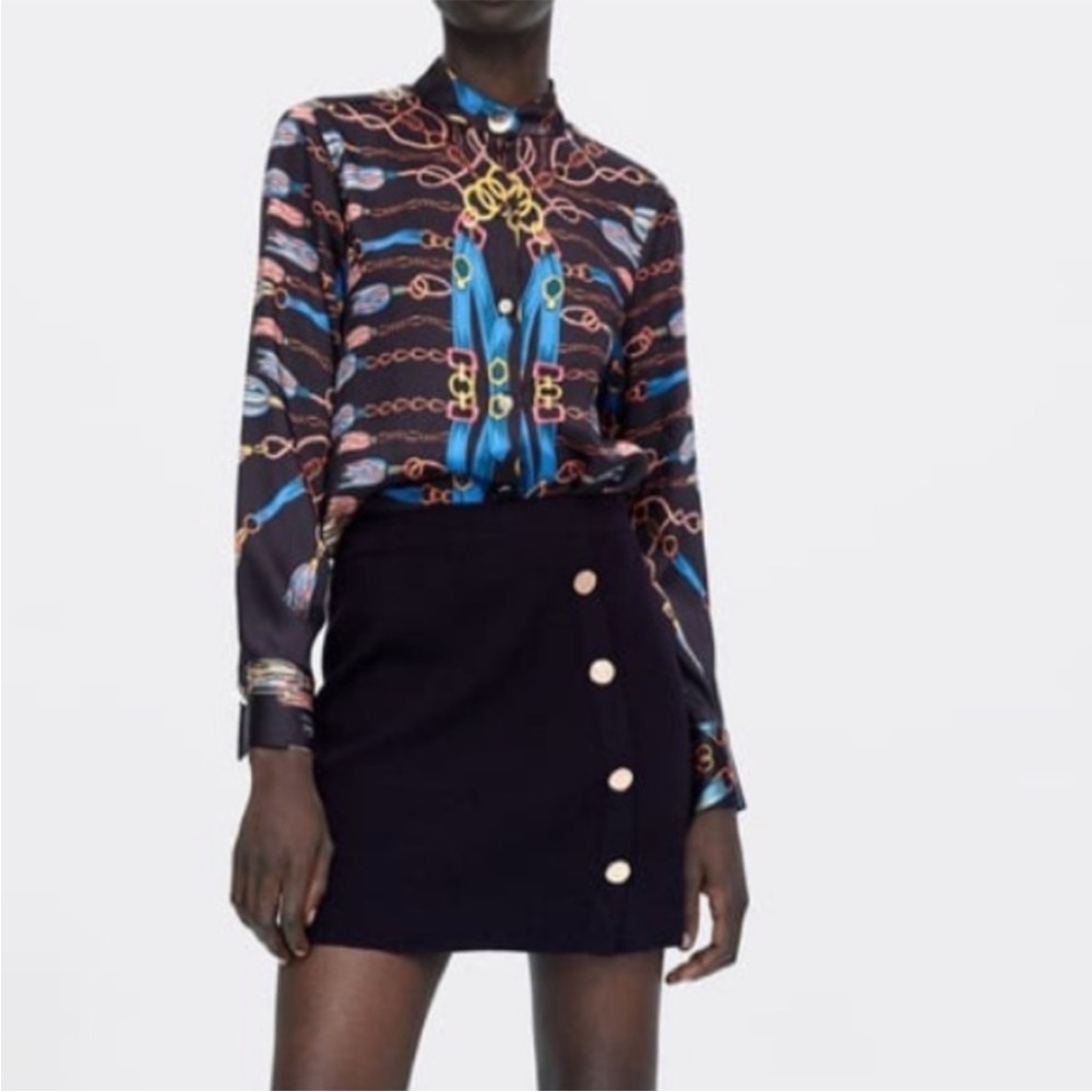ZARA BLOGGER FAVE Black & Blue Chain Scarf Printed Long Tunic Blouse Top XS - Picture 5 of 17